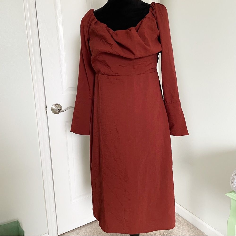 Future Collective Reese Blutstein Rust Red Off Shoulder Midi Dress 10 - Picture 3 of 9